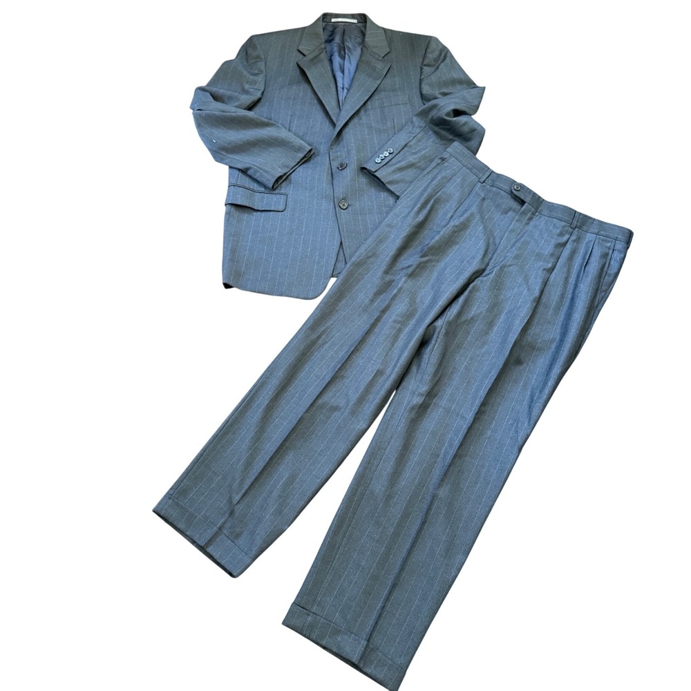 Hickey Freeman 44R Wool Suit Men's Gray Pinstripe 2 Button USA Loro Piana work